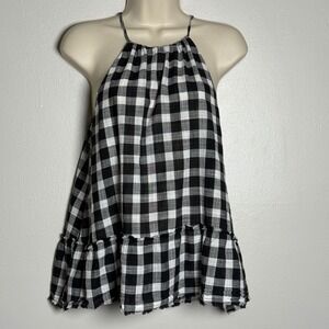 Cloth & Stone Womens Gingham Top Small Black White Blouse Classic Nautical Sheer